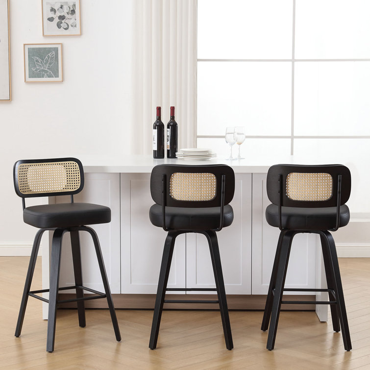 Black Faux Leather Swivel Bar Stools with Rattan Back, Set of 3