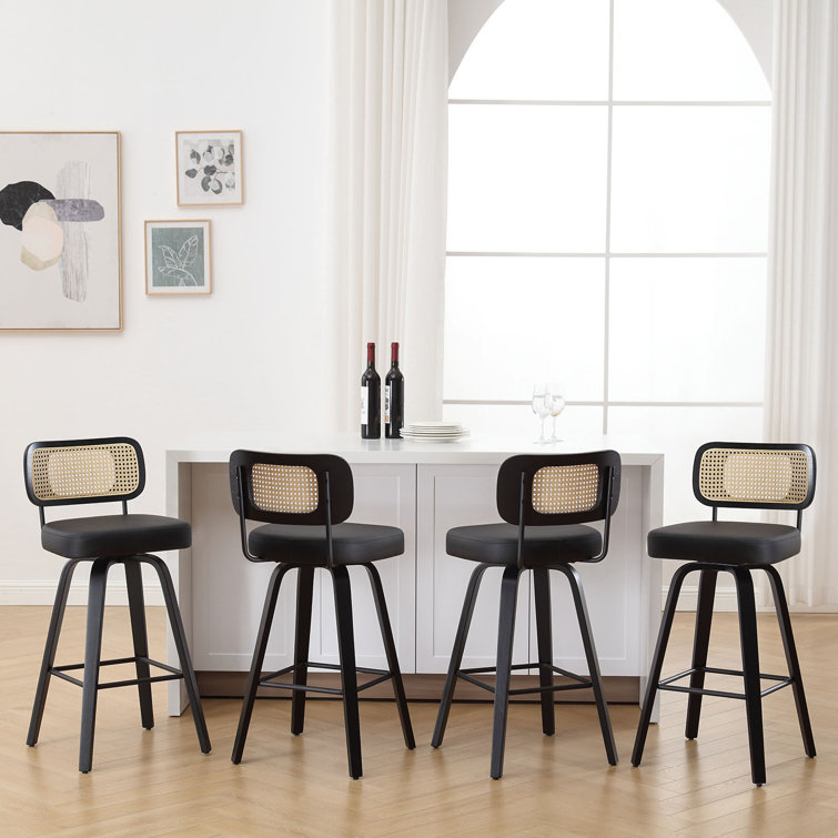 Black Faux Leather Swivel Bar Stools with Rattan Back, Set of 3