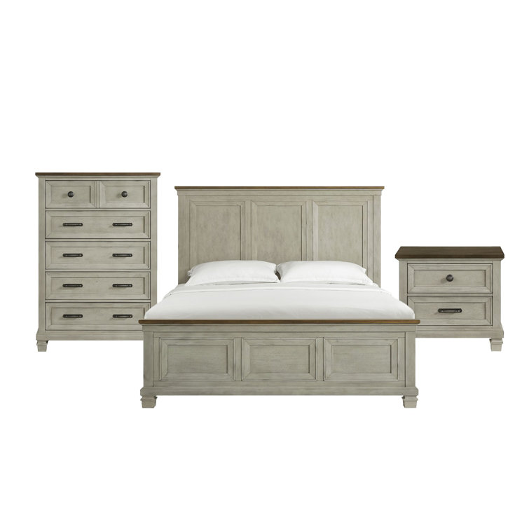Bloomfield King Panel 3PC Bedroom Set in Washed Stone and Medium Brown Wood