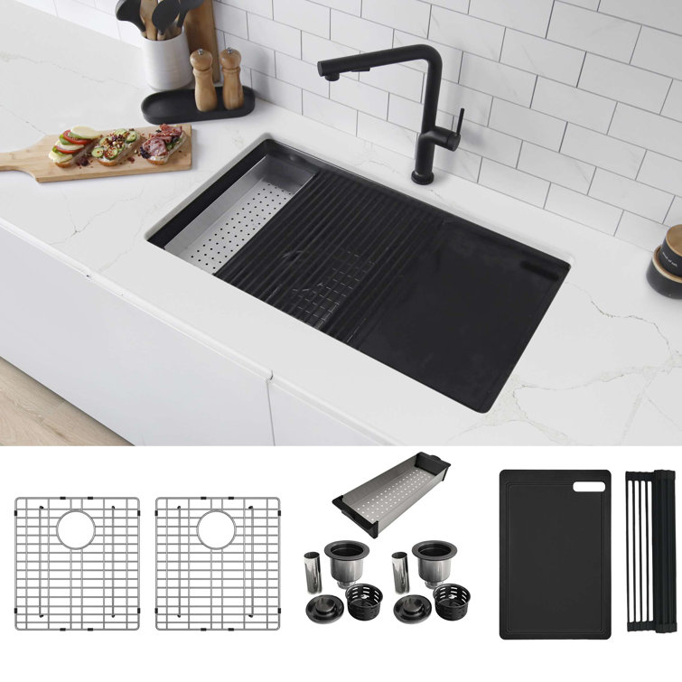 Graphite Black Stainless Steel Double Bowl Kitchen Sink with Accessories