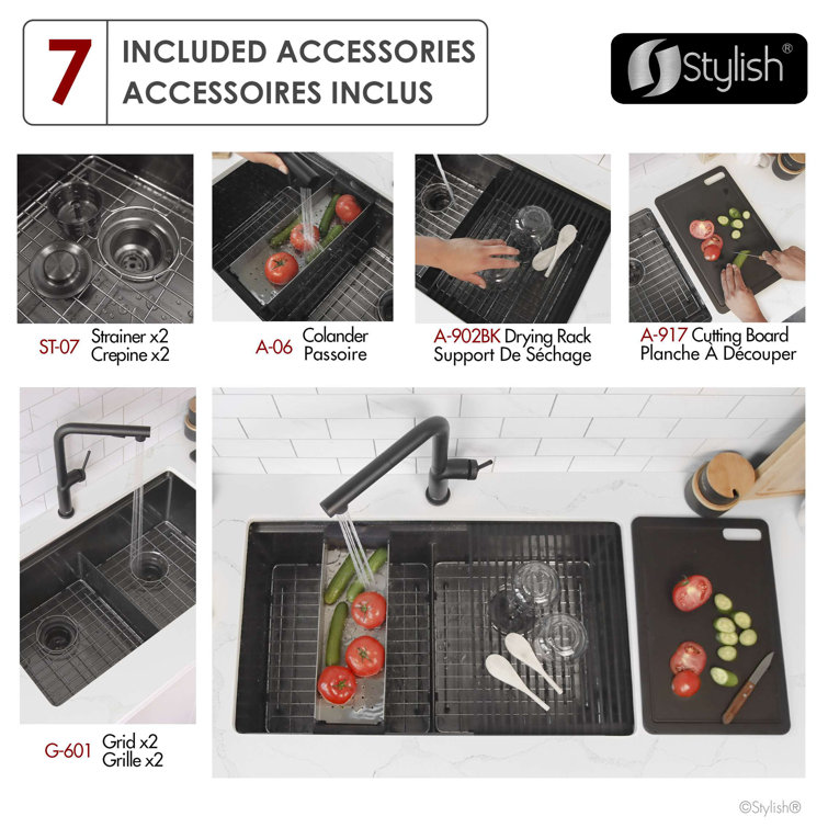 Graphite Black Stainless Steel Double Bowl Kitchen Sink with Accessories