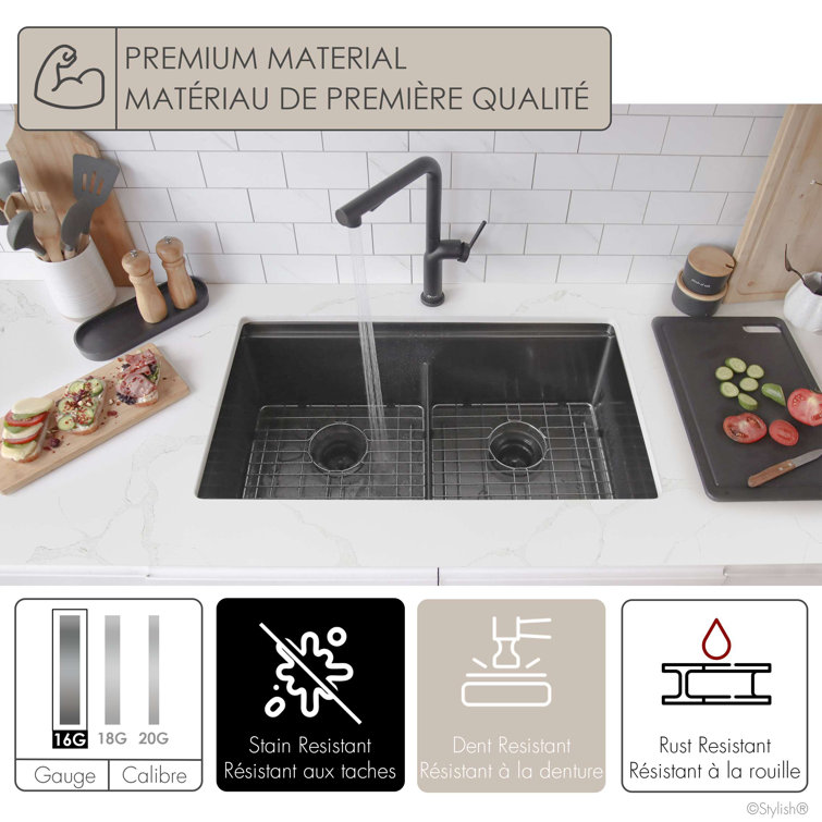 Graphite Black Stainless Steel Double Bowl Kitchen Sink with Accessories