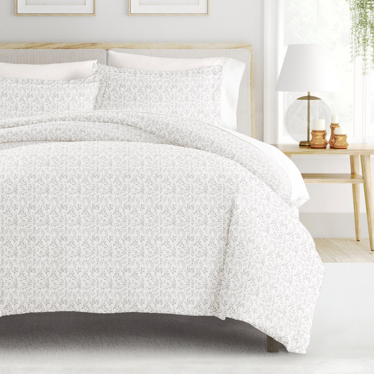 Light Gray Floral Microfiber Queen Duvet Cover Set with Shams