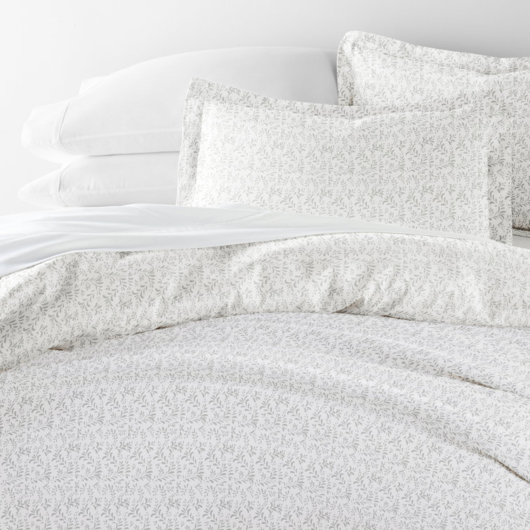Light Gray Floral Microfiber Queen Duvet Cover Set with Shams