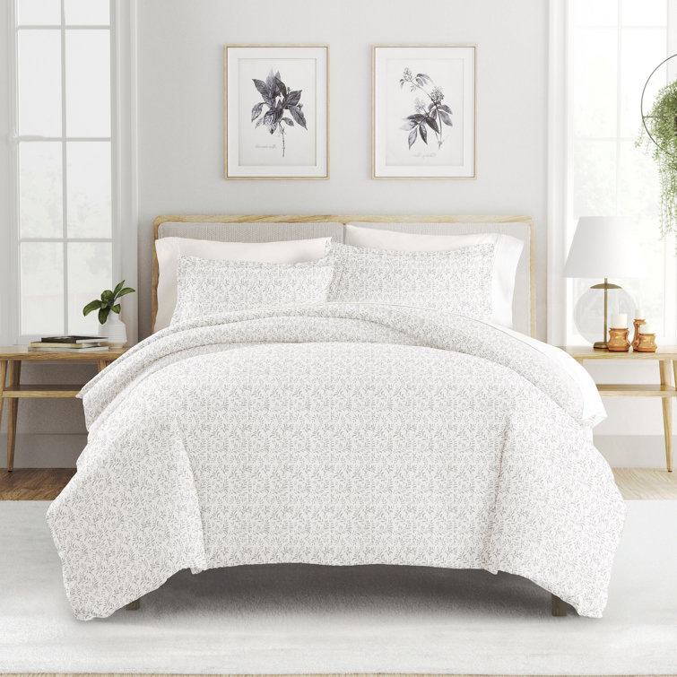 Light Gray Floral Microfiber Queen Duvet Cover Set with Shams