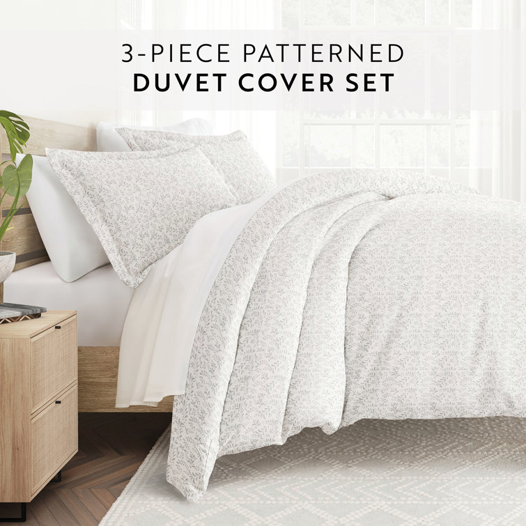 Light Gray Floral Microfiber Queen Duvet Cover Set with Shams