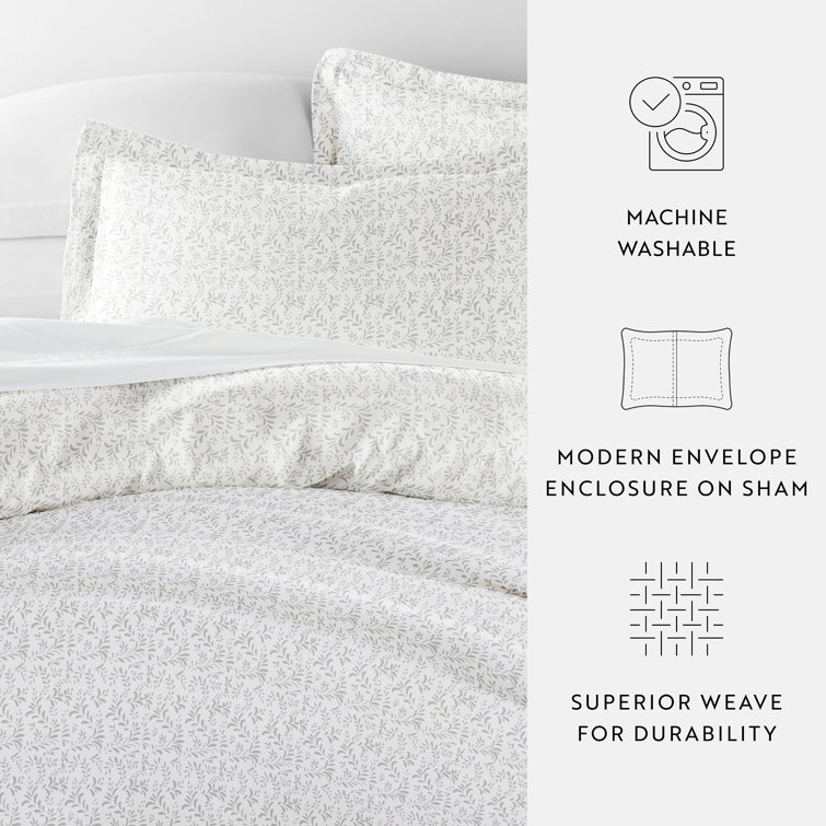 Light Gray Floral Microfiber Queen Duvet Cover Set with Shams
