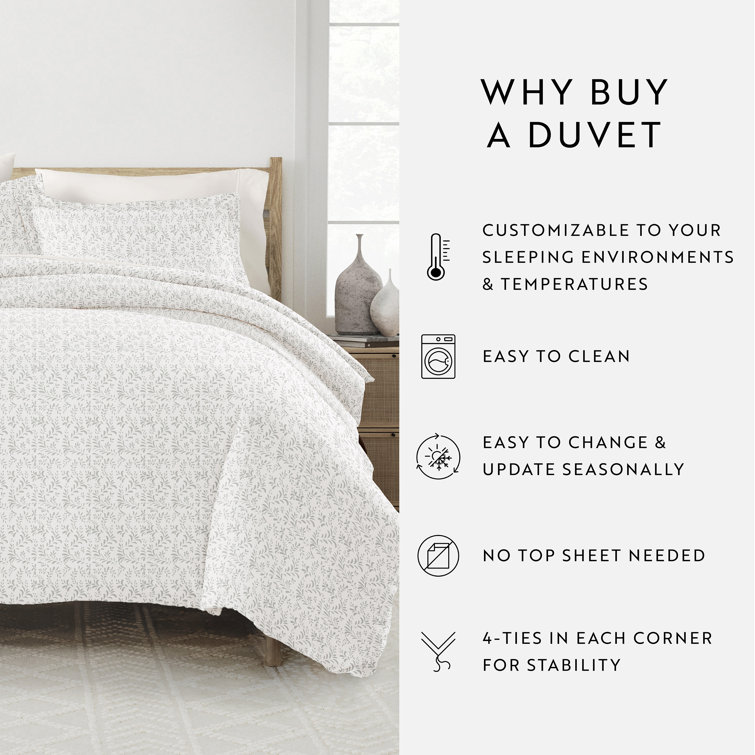 Light Gray Floral Microfiber Queen Duvet Cover Set with Shams