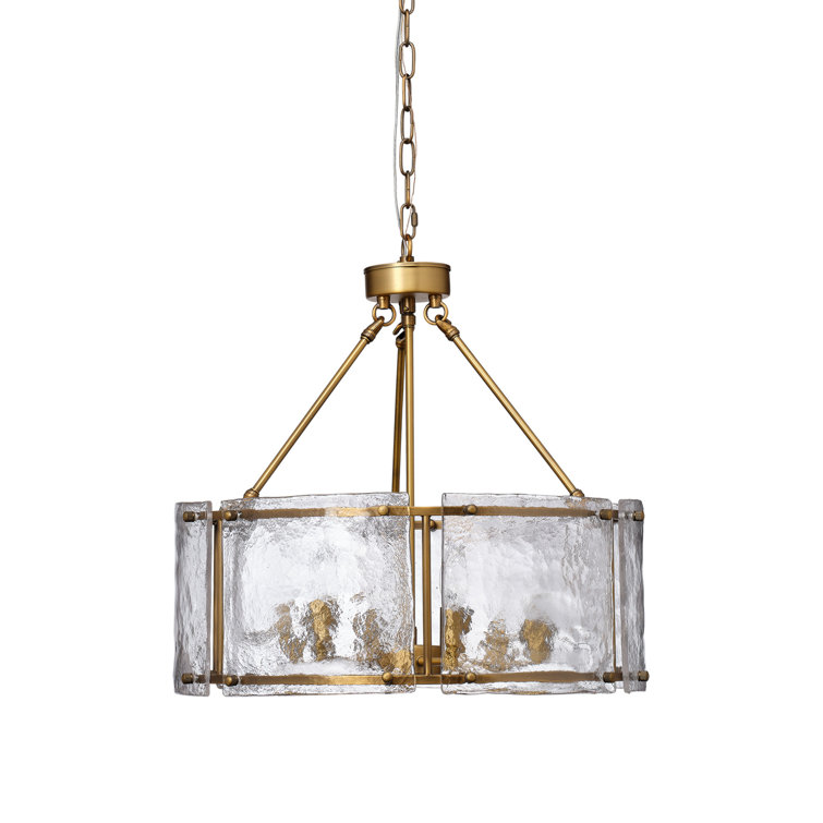 Antique Brass 6-Light Drum Chandelier with Textured Glass
