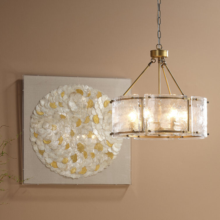 Antique Brass 6-Light Drum Chandelier with Textured Glass