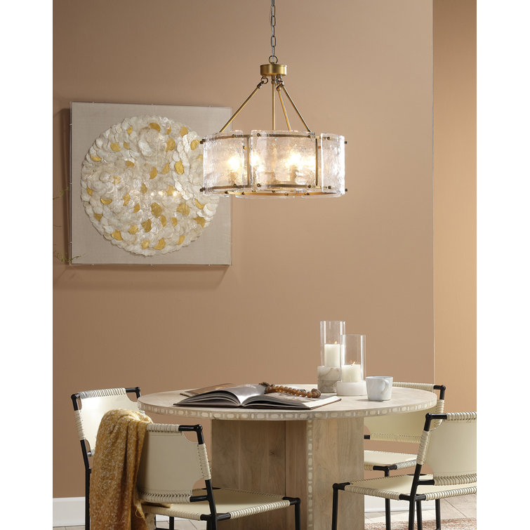 Antique Brass 6-Light Drum Chandelier with Textured Glass