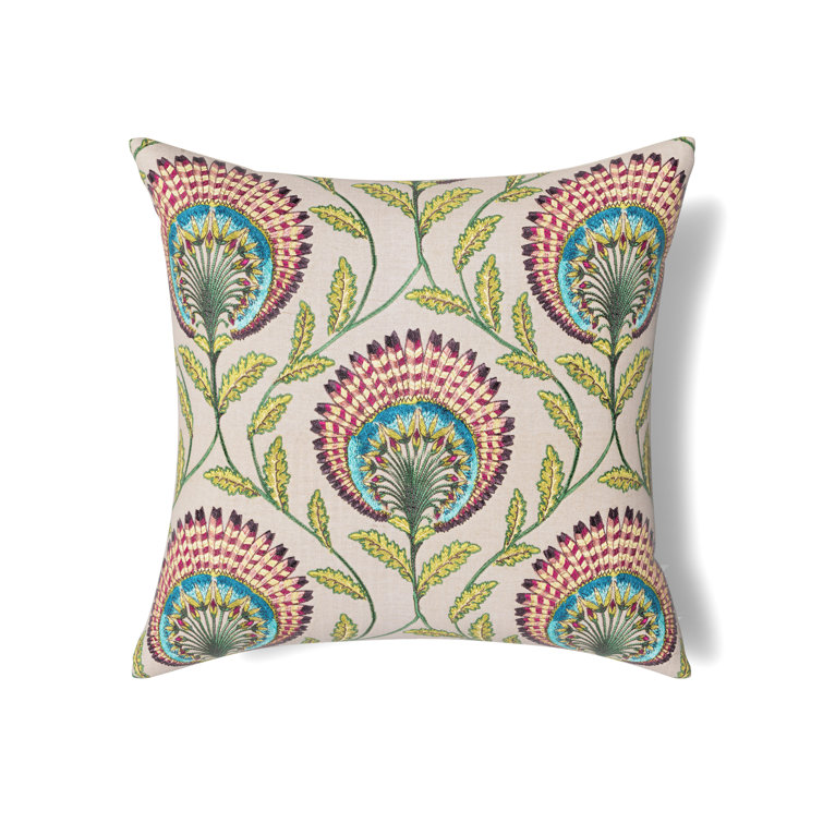Tavus 24" Square Linen-Cotton Embroidered Peacock Pillow