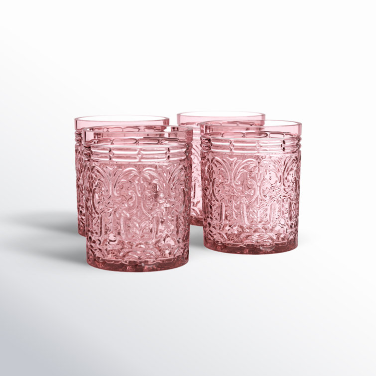 Pink Embossed Glass Whiskey Tumblers Set of Four