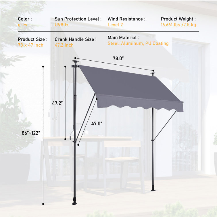 Gray Polyester Outdoor Adjustable Patio Door Awning Canopy