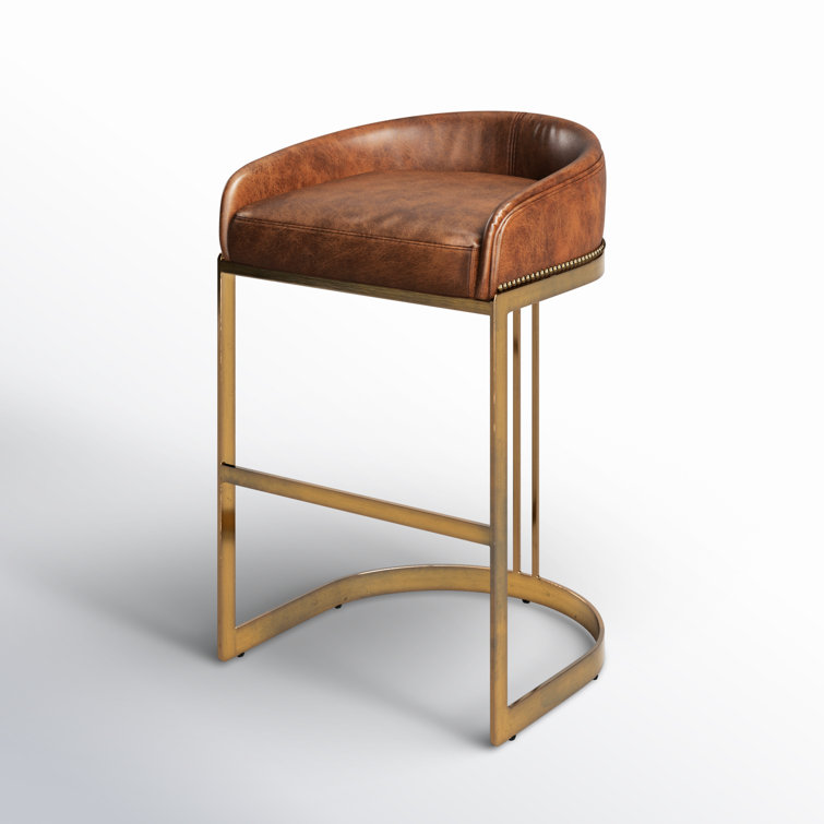 Brown Leather and Gold Metal Saddle Bar Stool