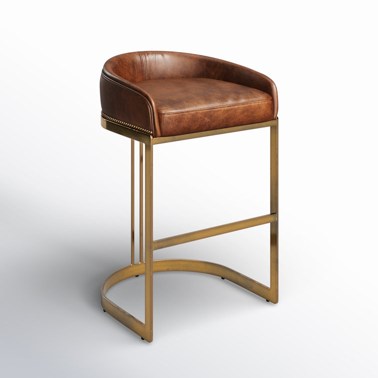 Brown Leather and Gold Metal Saddle Bar Stool