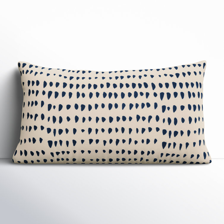 Natural and Deep Dark Blue Cotton Embroidered Lumbar Pillow