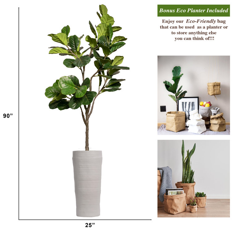 Tall Green Faux Fiddle Leaf Fig Tree in White Fiberstone Planter