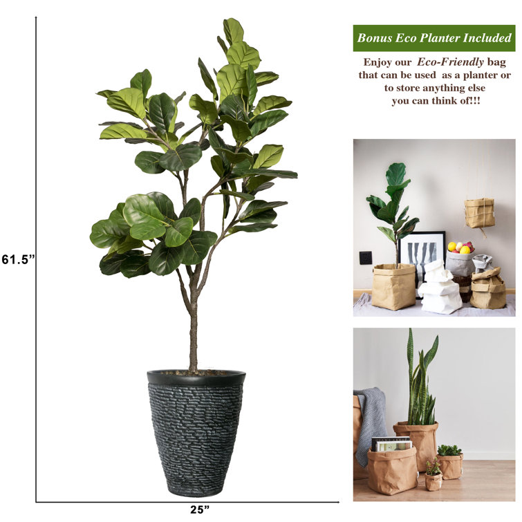 Tall Green Faux Fiddle Leaf Fig Tree in Gray Planter