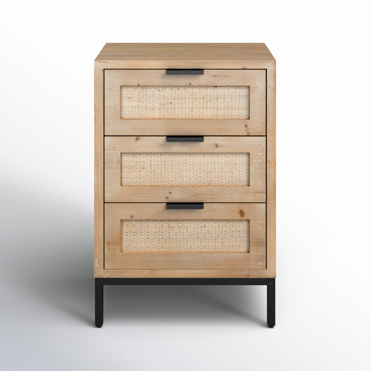 Coastal Charm 3-Drawer Wood & Iron Side Table with Rattan Accents