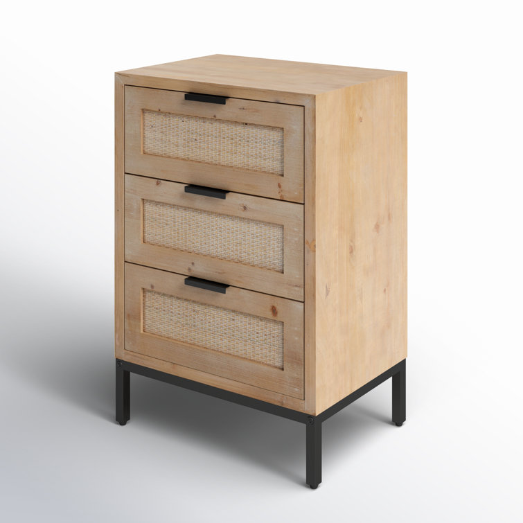 Coastal Charm 3-Drawer Wood & Iron Side Table with Rattan Accents