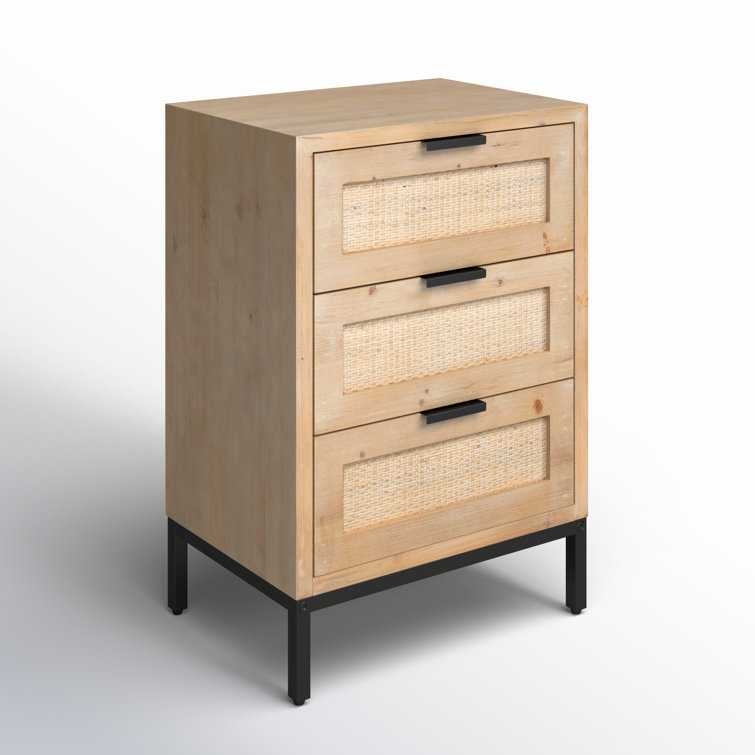 Coastal Charm 3-Drawer Wood & Iron Side Table with Rattan Accents