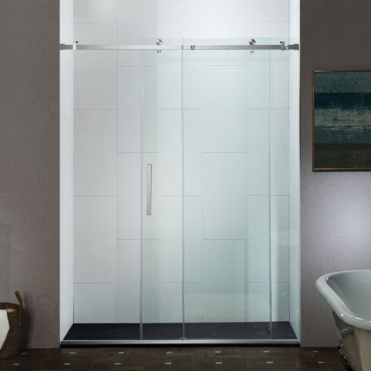 Brushed Nickel Frameless Sliding Shower Door with Clear Tempered Glass