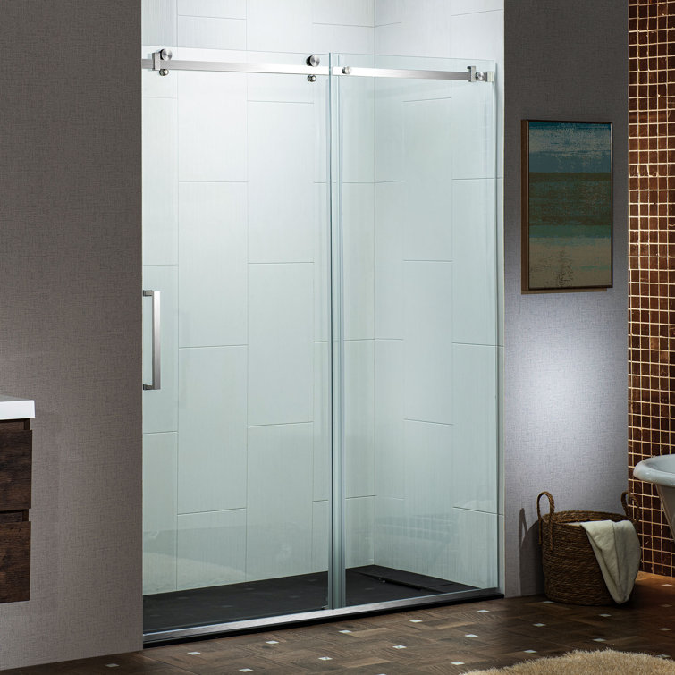 Brushed Nickel Frameless Sliding Shower Door with Clear Tempered Glass