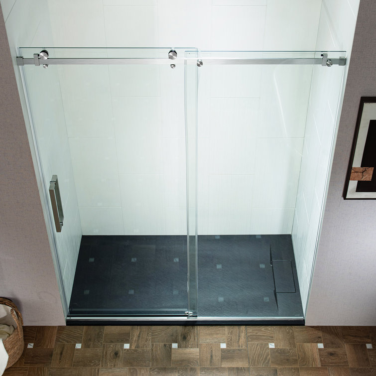 Brushed Nickel Frameless Sliding Shower Door with Clear Tempered Glass