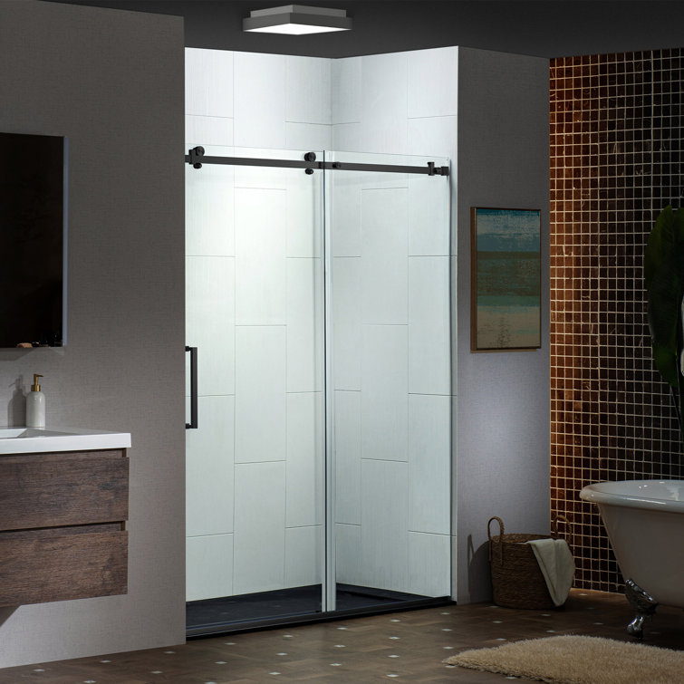 Matte Black Frameless Sliding Shower Door with Clear Tempered Glass