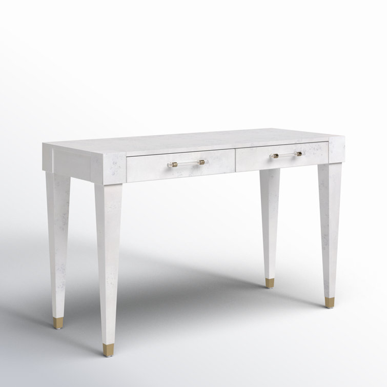 White Acacia Wood Writing Desk with Brass Accents