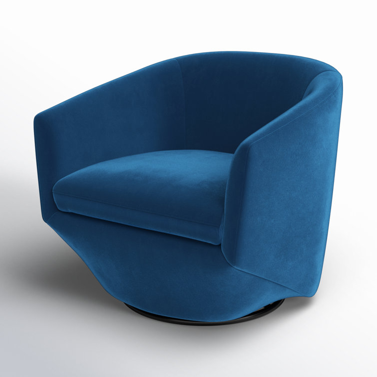 Blue Velvet Swivel Barrel Accent Chair with Wood Frame