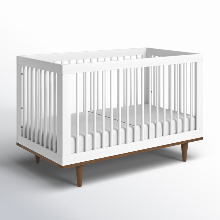 White and Walnut Mid-Century Modern Convertible Crib