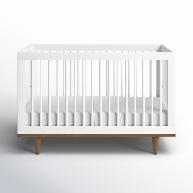 White and Walnut Mid-Century Modern Convertible Crib