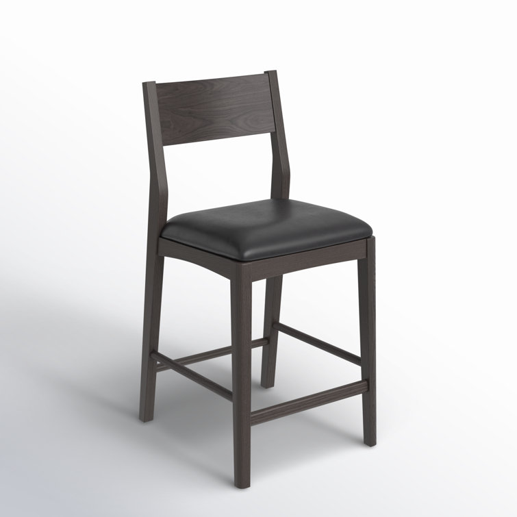 Jet Black Genuine Leather and Ash Wood Counter Stool