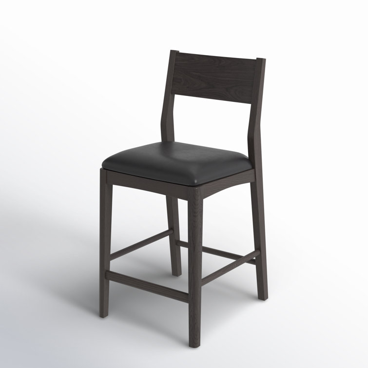 Jet Black Genuine Leather and Ash Wood Counter Stool