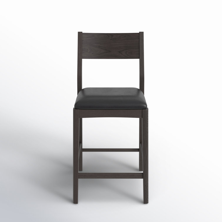 Jet Black Genuine Leather and Ash Wood Counter Stool