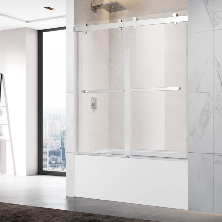60" Chrome Frameless Sliding Bathtub Door with Clear Tempered Glass