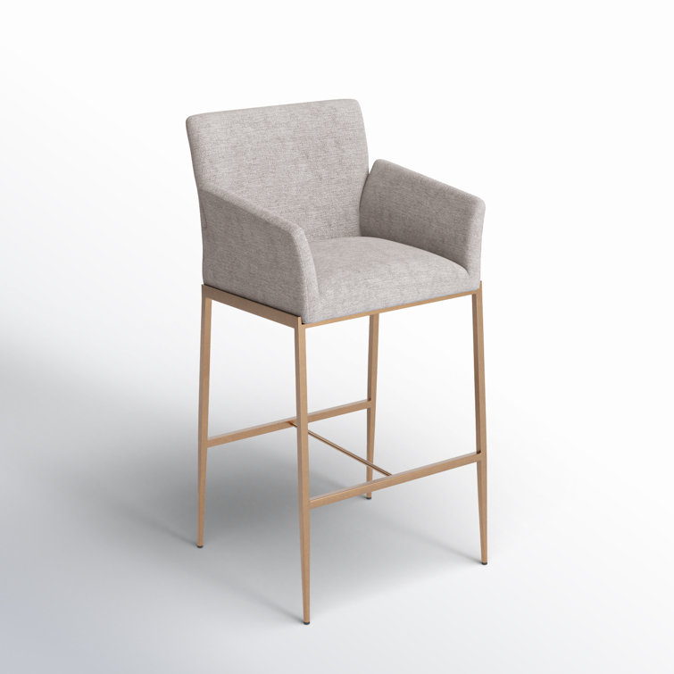 Gray Performance Fabric Barstool with Antique Brass Frame