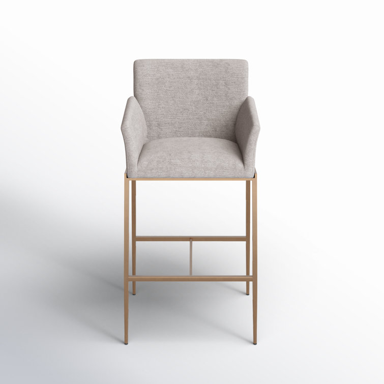 Gray Performance Fabric Barstool with Antique Brass Frame