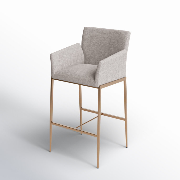 Gray Performance Fabric Barstool with Antique Brass Frame