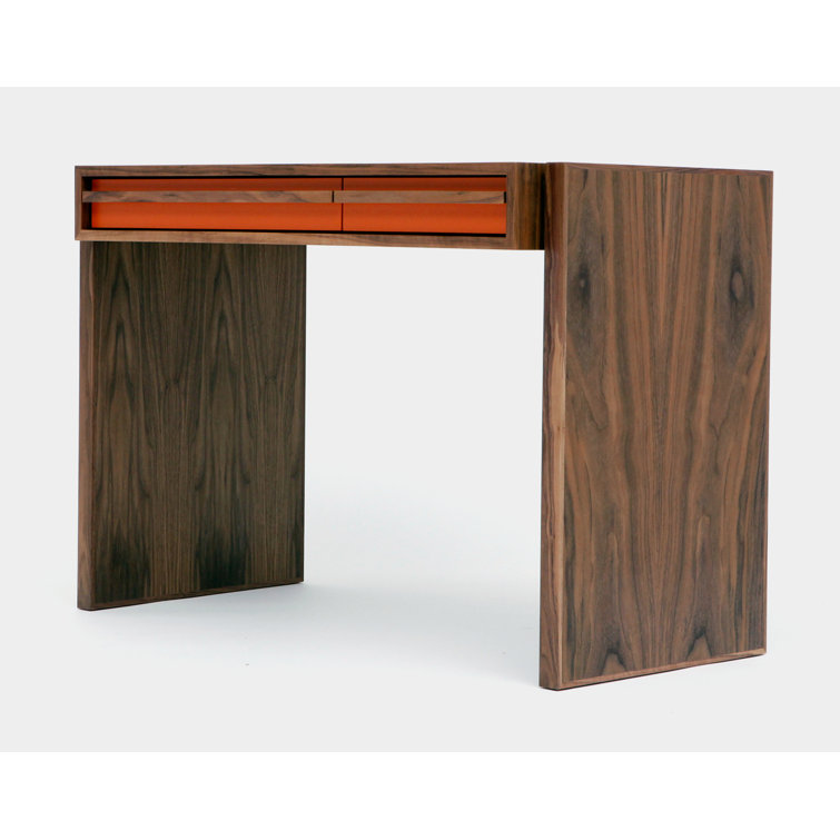 Orange and Walnut Compact Desk with Two Drawers