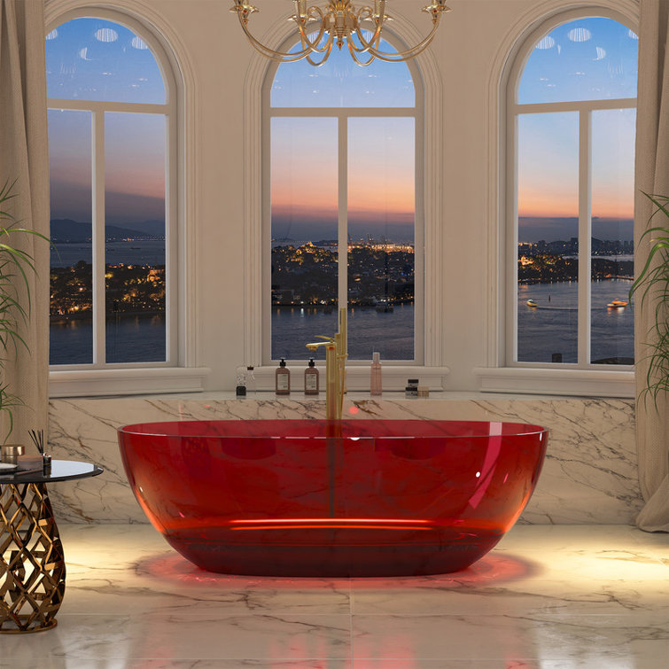 67'' Wine Red Transparent Resin Freestanding Soaking Bathtub