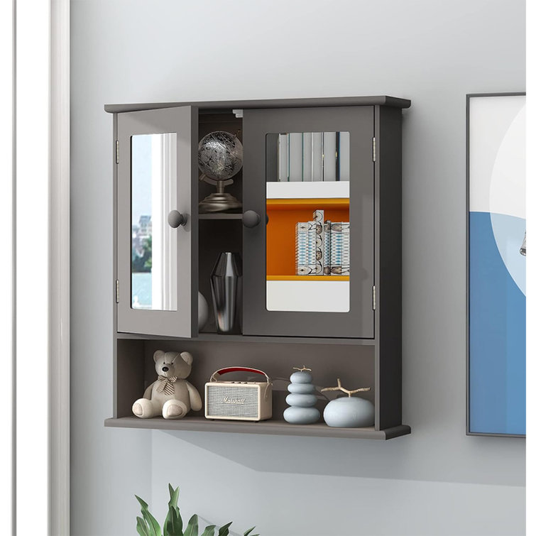Gray MDF Wall Mounted Medicine Cabinet with Mirror and Adjustable Shelves