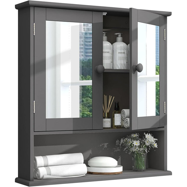 Gray MDF Wall Mounted Medicine Cabinet with Mirror and Adjustable Shelves