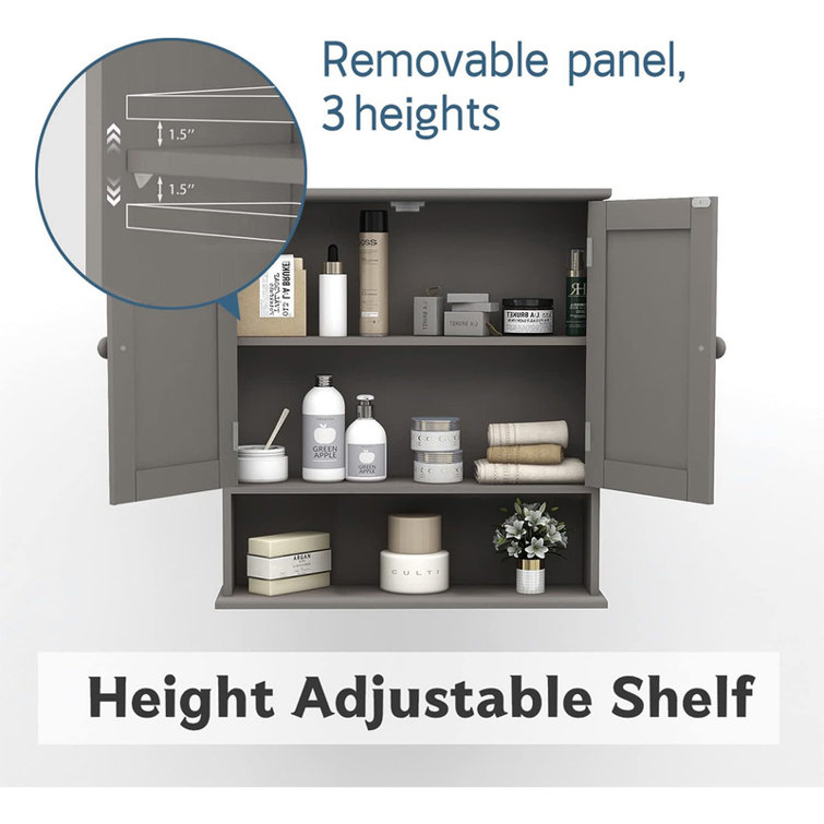 Gray MDF Wall Mounted Medicine Cabinet with Mirror and Adjustable Shelves