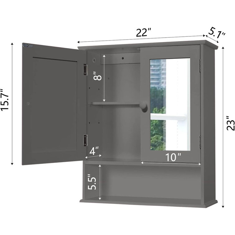 Gray MDF Wall Mounted Medicine Cabinet with Mirror and Adjustable Shelves
