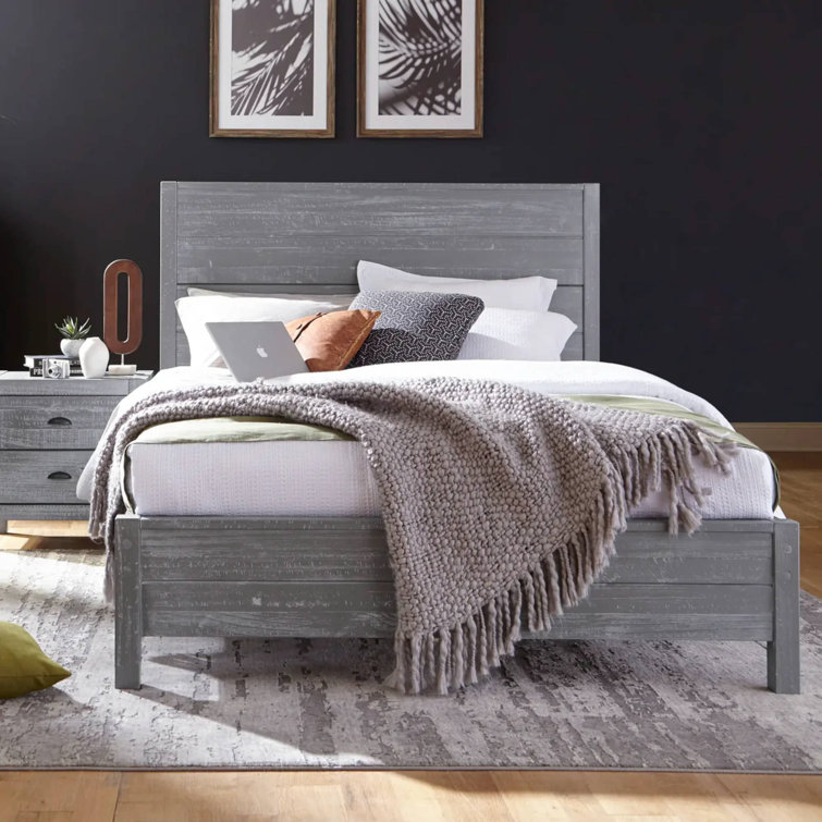 Rustic Grey Queen Solid Wood Panel Bed with Headboard