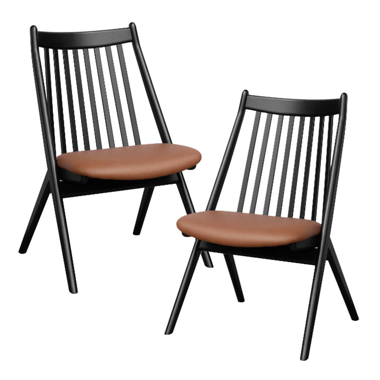 Black Faux Leather and Wood Slat Back Dining Chairs, Set of 2