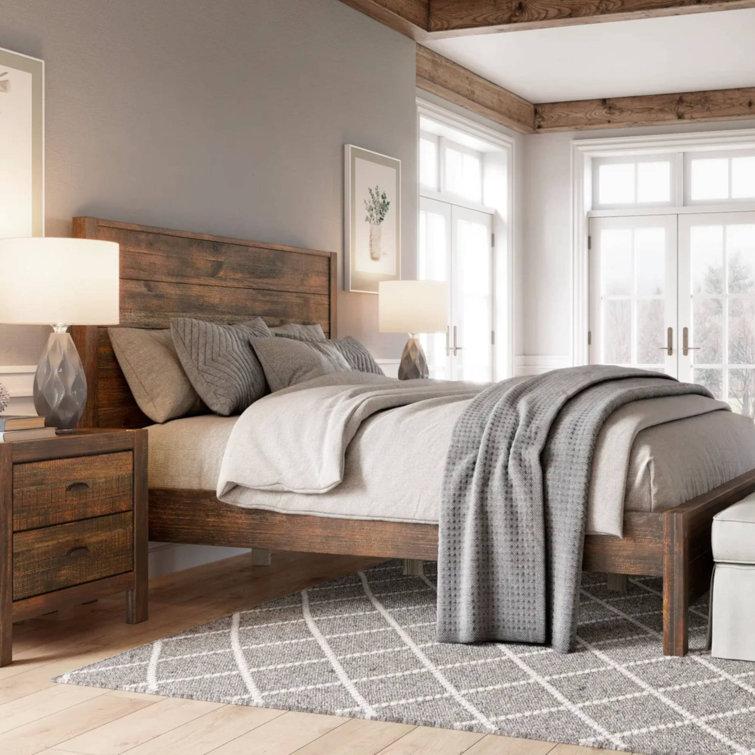 Rustic Walnut King Solid Pine Wood Platform Bed with Headboard